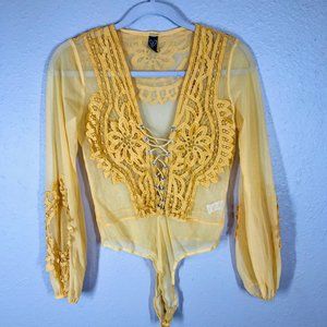 Windsor Gold yellow Lace and Mesh with Lace-up V-neck Long Sleeve Body Suit